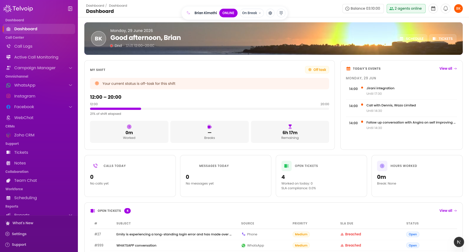 Agent dashboard with live queues, customer context, and analytics
